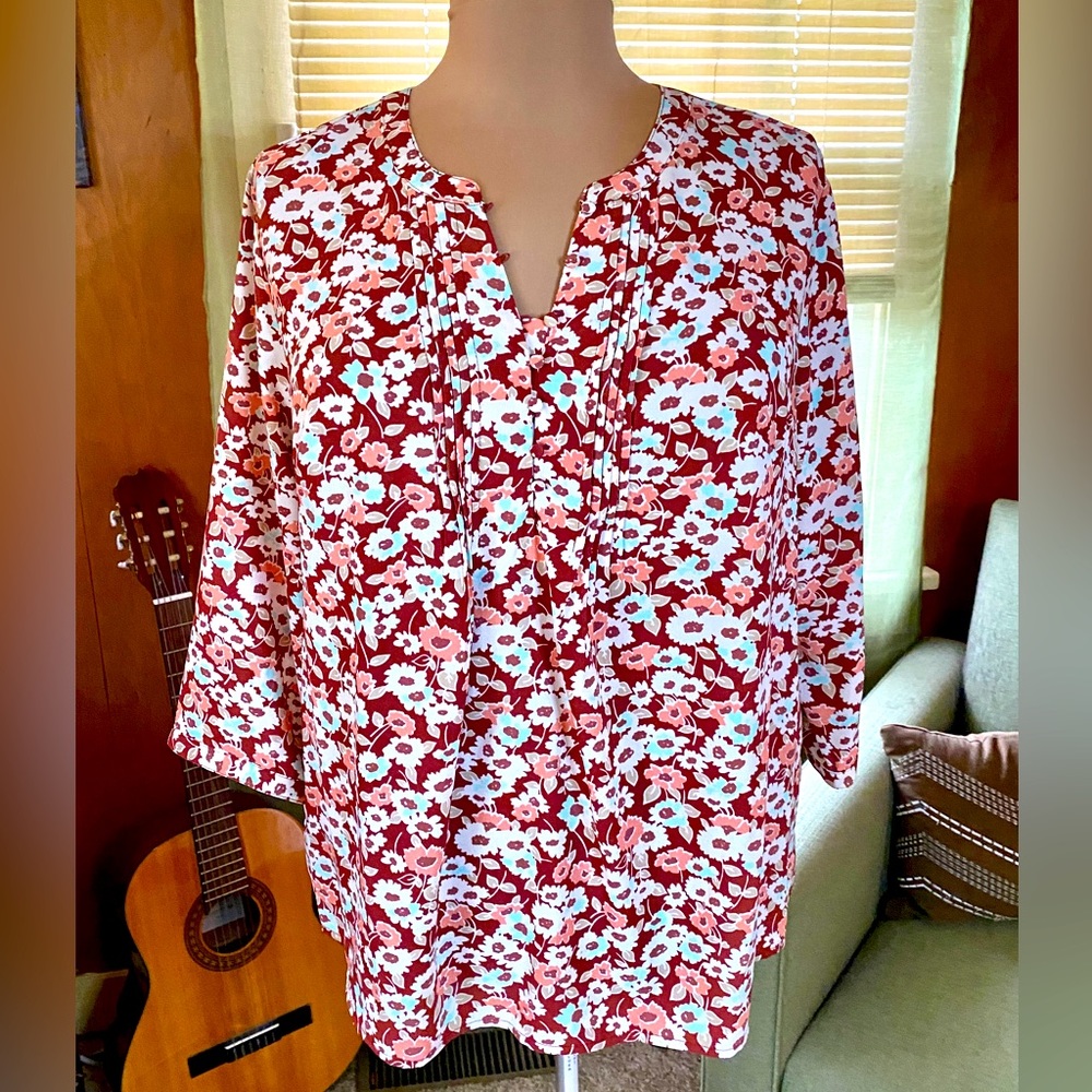 Croft & Barrow Brown Floral 3/4" Sleeve Blouse With Split Neck (Size 1X)